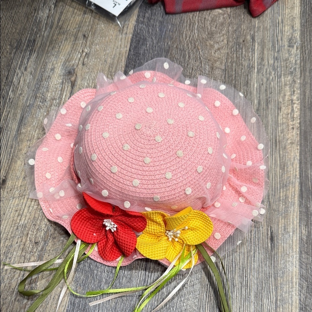 Pink Polka Dot Sun Hat with Floral Accents for kids